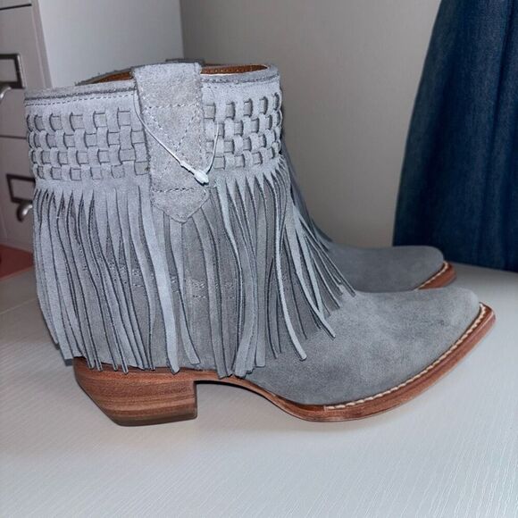 Frye Sacha Short Fringe Bootie suede leather steel Blue 6.5 - Picture 4 of 13